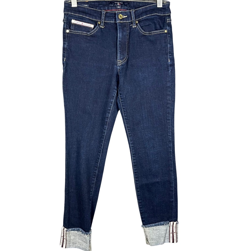 Tommy Hilfiger Tribeca‎ Skinny Crop Jeans Women 4 Dark Wash Logo Tape Raw Hem